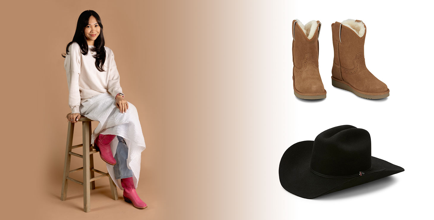 A woman wearing a white dress, jeans, and Ina Pink 13” Limited Edition boots. Heidi 8” Suede Shearling in brown and Roper felt Western hat in black.